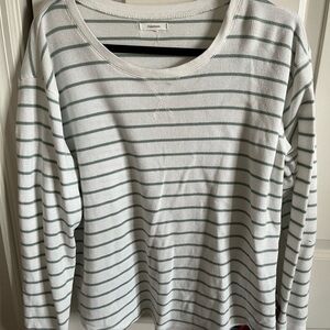 Cream Ribbed Henley Long Sleeved Shirt with Green Vertical Stripes XL